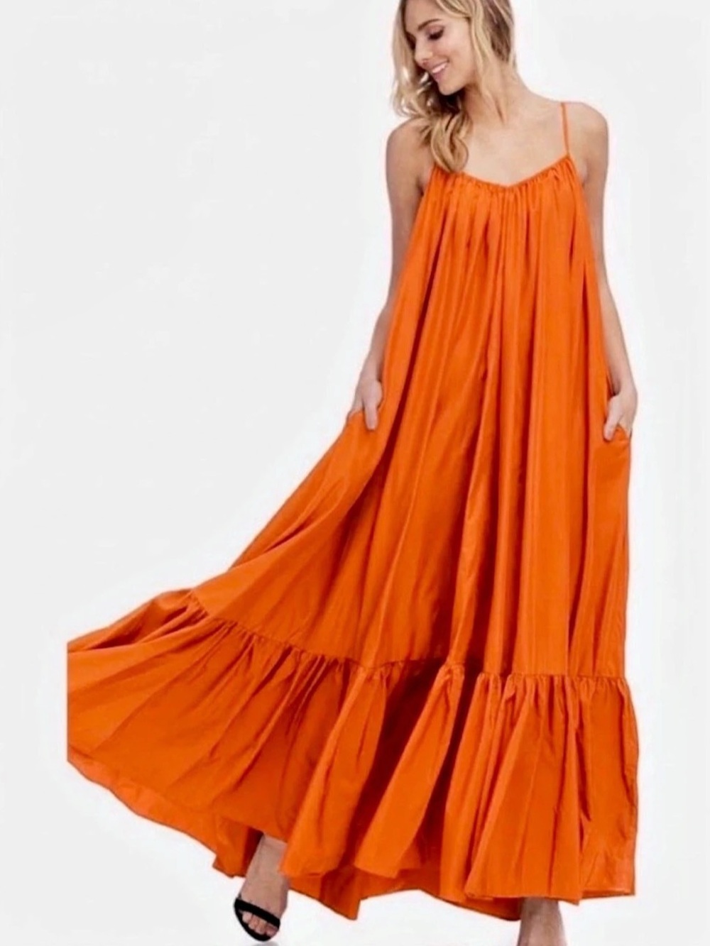 TOV Los Angeles Orange Maxi Dress Tiered Flowy Size 38 Small 6/8 Resort Travel